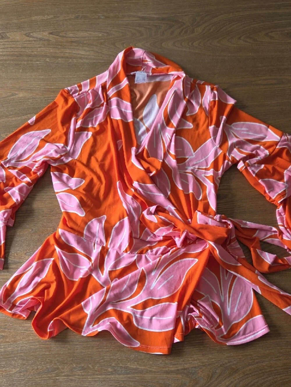 VENUS Orange and Pink Floral Wrap Shirt - Vibrant Tie-Waist Lounge Cover